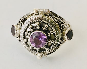 triple Purple Amethyst sterling silver round poison locket ring for February birthstone AR51