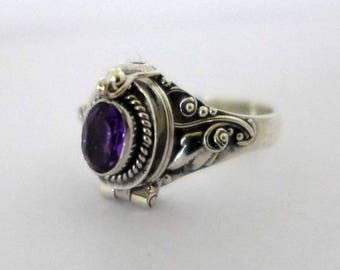 Lila Amethyst Poison Ring Bali Sterling Silber Locket Ring Februar Birthstone Größe 5 - 13 AR04