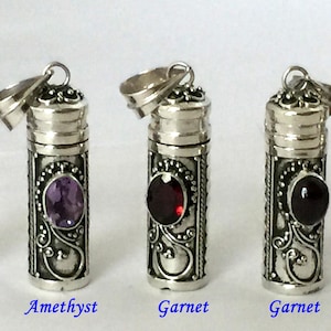 32mm x 10mm Sterling silver prayer tube box with oval Red Garnet amethyst, moonstone, yellow citrine, blue topaz pendant chain necklace (38)