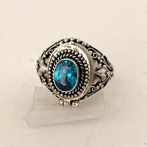 Blue Zircon December Birthstone Poison Ring Bali Sterling Silver Locket Ring   (AR10)