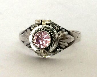 Small Poison Ring Bali Sterling Silver Locket Ring with Pink Quartz October birthstone size 5 - 13 AR11