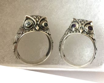 OWL sterling silver ring with amethyst, garnet, or blue topaz eyes AR21