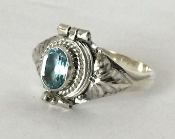 Sky Blue Topaz December or sub for March Aquarmarine Birthstone Poison Ring Bali Sterling Silver Locket Ring  AR08