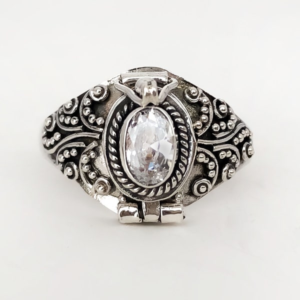 Clear Quartz sub for April birthstone Diamond Poison Ring Bali Sterling Silver Locket Ring AR05