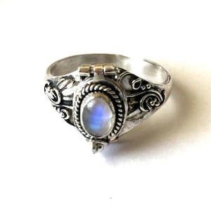 Rainbow Moonstone Poison Ring | Bali Sterling Silver Locket Ring | June Birthstone | Hidden Compartment Ring | Sizes 5–13 AR04