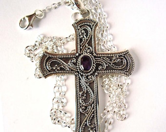 Massive 925 Sterlingsilber Mittel 1 7/8 &quot;(48 mm) Kreuz Anhänger mit Purple Amethyst Februar Birhtstone, Rote Granat Halskette PR15s