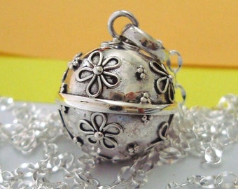 15mm Flower cherry blossom  Mexican Bola Sterling Silver Maternity Pregnancy Harmony ball Chime Necklace 14" - 36" chain (57)