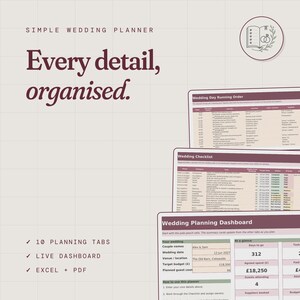 Op de afbeelding: Een digitale trouwplanner-sjabloon met een dashboard, checklist en draaiboek. De interface gebruikt donkerrode tekst op een lichtbeige achtergrond. De tekst bevat Simple Wedding Planner, Every detail, organised.