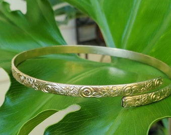 Hawaiian Heirloom Arm Cuff – Plumeria Wave Design, 14k Gold Filled or Sterling Silver