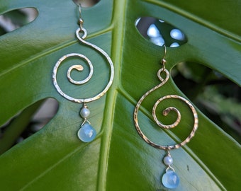 Mermaid Swirl Earrings | Koru Symbol | Chalcedony jewelry | Freshwater Pearls | Boho Beach Accessory