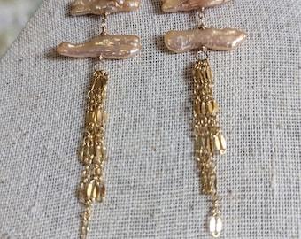 Mermaid Queen Earrings, Biwah Pearl Chain Dangle Earrings