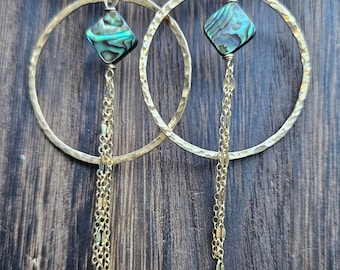 Mermaidcore Abalone Hoop Earrings with Gold Chains • Boho Statement Fringe Earrings • Coastal Cowgirl Jewelry • Beach Festival Shell Hoops