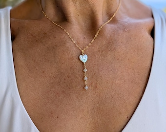 Mother of pearl Heart Lariat | Dainty Teardrop Drop | Pendant Necklace| Made in Hawaii