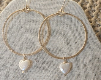 Mother of Pearl Heart Earrings | Gold Heart Hoops | Beach Jewelry | Beachy Bridal | Valentines