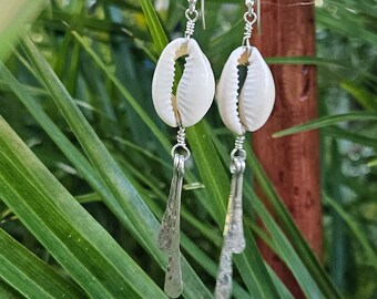 Cowrie Shell Dangles | Gold Bar Drop Earrings | Tropical Beach Jewelry | Hawaii Handmade