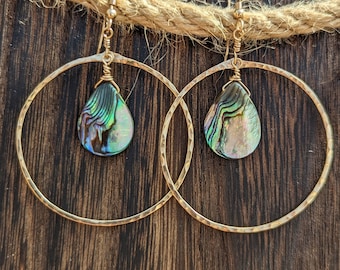 Abalone Shell Hoop Earrings • Hammered Gold, Mermaidcore Jewelry