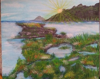 Sea and Island landscape acrylics 8in X 10in stretched canvas
