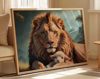 ライオンと子羊 - イエス・キリストの絵画 - スピリチュアルな壁画