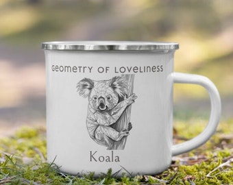 Geometry of Nature 2024 Koala - Emailletasse Kaffee Tee Outdoor Campingtasse als Geschenk Line Art Tier Design Schwarz Weiß