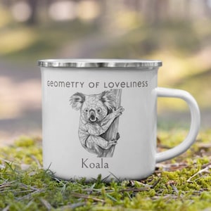 Geometry of Nature 2024 Koala Emailletasse Kaffee Tee Outdoor Campingtasse als Geschenk Line Art Tier Design Schwarz Weiß Bild 1