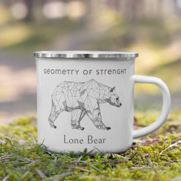 Geometry of Nature 2024 Bear - Emailletasse Kaffee Tee Outdoor Campingtasse als Geschenk Line Art Tier Design Schwarz Weiß