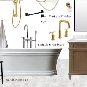 Paquete de diseño de baño principal / Tablero de estado de ánimo y guía de compra de productos / Diseño virtual / Decoración de baños / Diseño de baño de estilo rústico moderno /
