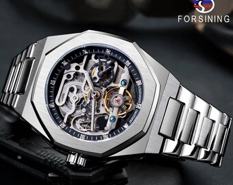 Mens Watch Forsining Automatic 3D Diamond Skeleton Hollow Mens Wristwatch for Dad Son Brother