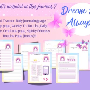 セルフケア、プリンセスのルーティン、毎日の日記、家事リスト、感謝、子供の日記、印刷可能、アクティビティ、夢の日記
