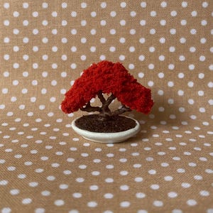 May include: A miniature red bonsai tree in a white pot with brown soil. The tree is on a brown and white polka dot fabric background.
