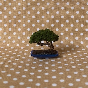 May include: Miniature bonsai tree with a green, leafy canopy and a brown trunk, planted in a small, rectangular blue pot. The tree sits on a tan fabric with white polka dots. A decorative item for home decor.