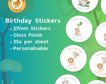 Pegatinas personalizadas de animales de la selva para cumpleaños (35 por hoja)