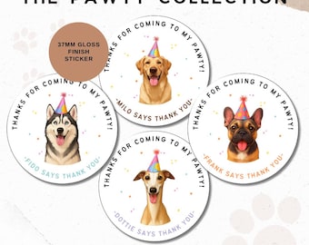 Pegatinas personalizadas de cumpleaños para perros: Colección Pawty, 35 por hoja (8 diseños disponibles)