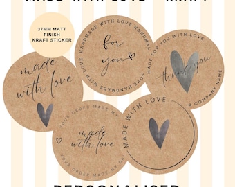 Pegatinas Kraft personalizadas "Hecho con amor": embalaje para pequeñas empresas, 35 x 37 mm