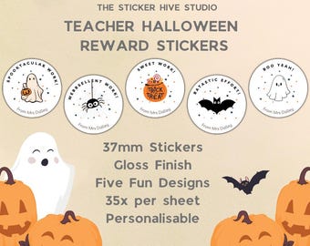 Pegatinas personalizadas de Halloween para profesores - Diseños divertidos con juegos de palabras (35 por hoja)