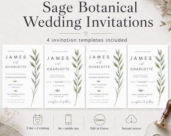 Sage Botanical Wedding Invitation Template, Digital Wedding Invite (Instant Download)