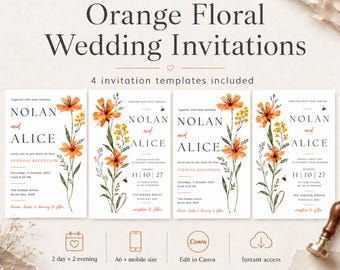 Orange Floral Wedding Invitation Template, Digital Wedding Invite (Instant Download)