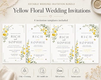 Yellow Floral Wedding Invitation Template, Digital Wedding Invite (Instant Download)