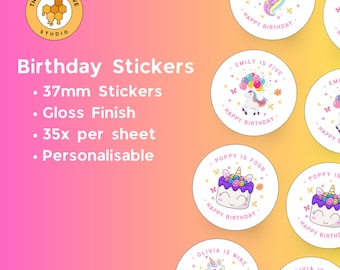 Pegatinas personalizadas de unicornio para cumpleaños: recuerdos para fiestas infantiles (35 por hoja)