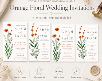 Orange Floral Wedding Invitation Template, Digital Wedding Invite (Instant Download)