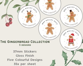 Pegatinas personalizadas de Navidad para profesores: Diseño de hombrecito de jengibre. 35 pegatinas brillantes.