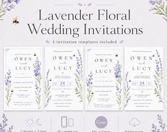 Lavender Floral Wedding Invitation Template, Digital Wedding Invite (Instant Download)