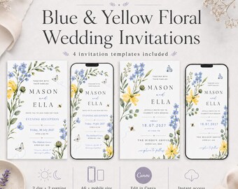 Blue & Yellow Floral Wedding Invitation Template, Digital Wedding Invite (Instant Download)