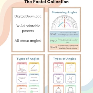 May include: A set of four pastel-themed educational posters about angles. The posters include information on measuring angles, types of angles, and diagrams. The text includes "Angles Posters," "Digital Download," and "The Pastel Collection."