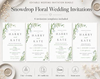 Snowdrop Floral Wedding Invitation Template, Digital Wedding Invite (Instant Download)