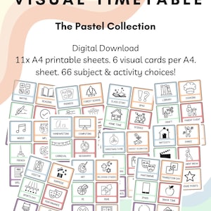 May include: Digital download of a classroom visual timetable, "The Pastel Collection." Includes 11 A4 printable sheets with 6 visual cards per sheet, offering 66 subject and activity choices. Features colorful illustrations for various subjects and activities.
