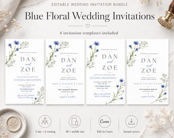 Blue Floral Wedding Invitation Template, Digital Wedding Invite (Instant Download)
