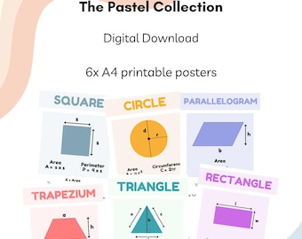Pósteres con fórmulas matemáticas para calcular el área, el perímetro y la circunferencia – Colección Pastel, Decoración de pared para el aula (Descarga digital)