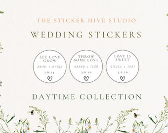 Pegatinas de boda personalizadas: confeti, recuerdos y sobre de semillas (3 diseños)