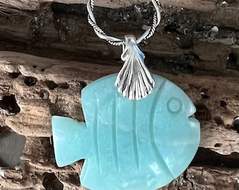 Carved Amazonite Fish Peruvian Blue Opal and Mother of Pearl Silver Necklace
