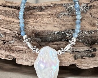 Keishi Pearl Necklace / Aquamarine Sterling Silver Necklace